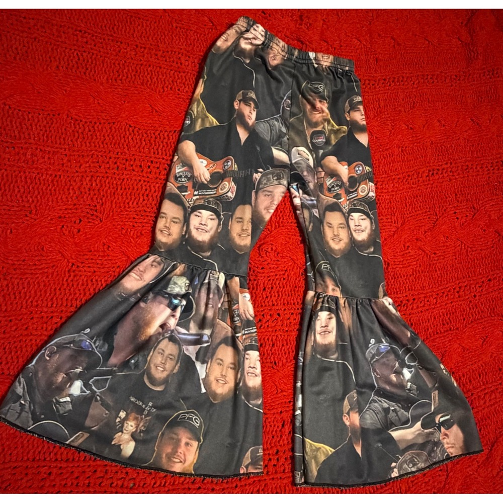 Luke Combs XS  Kids Bell Bottom Pants Country Music Fan Photo Print Flares - Picture 2 of 11